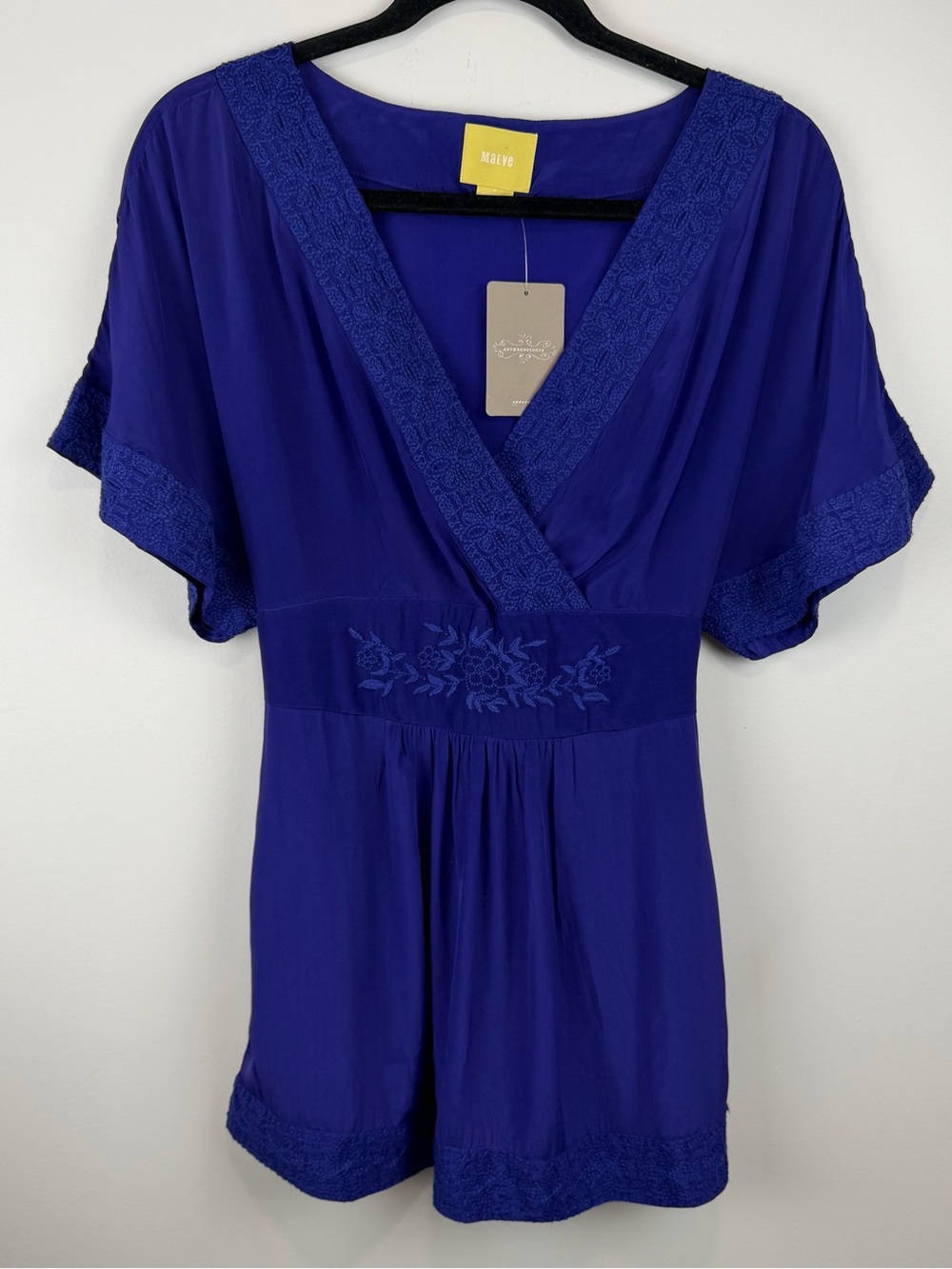 Anthropologie Maeve Purple Silky Tunic Embroidered V Neck Top Tie Back Sz 4 NWT